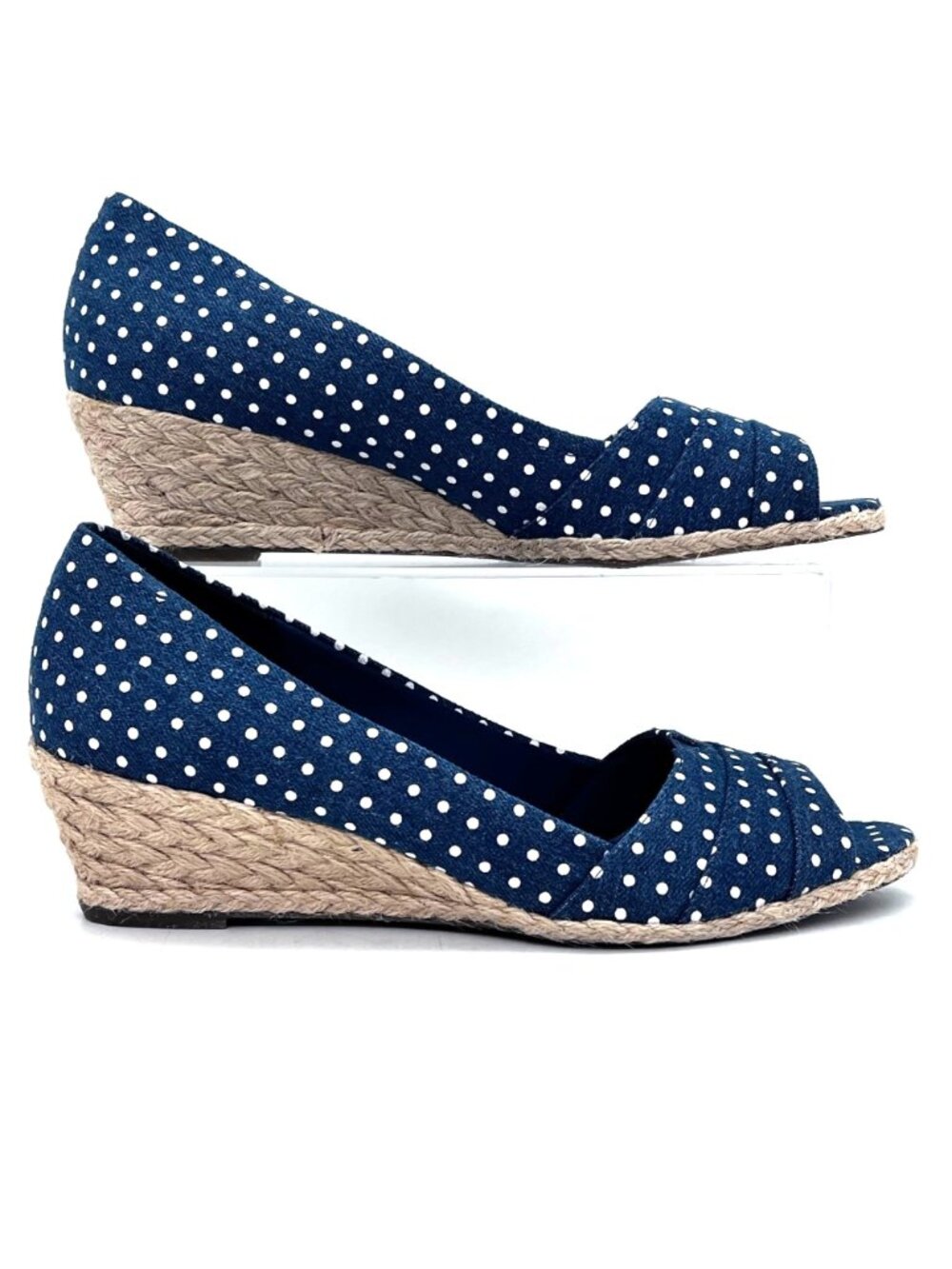 Amelia Grace Blue Polka Dot Open-Toe Wedge Shoes Braid Rope Detail Womens 9.5 - Picture 8 of 13